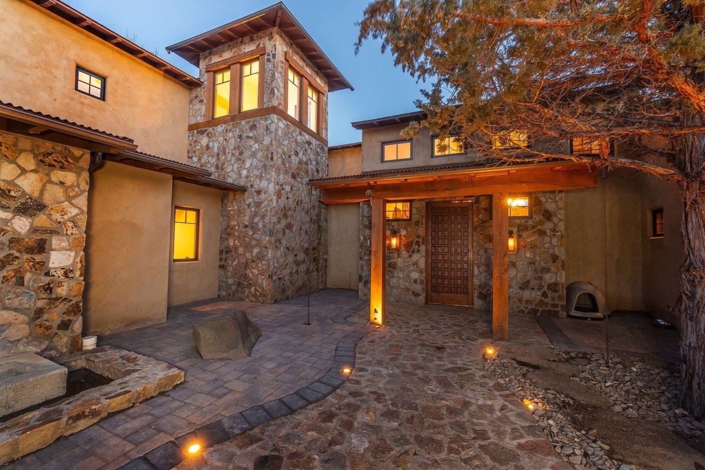 Stone and timber custom home courtyard, Brushline Ct, Pronghorn, Bend, Oregon
