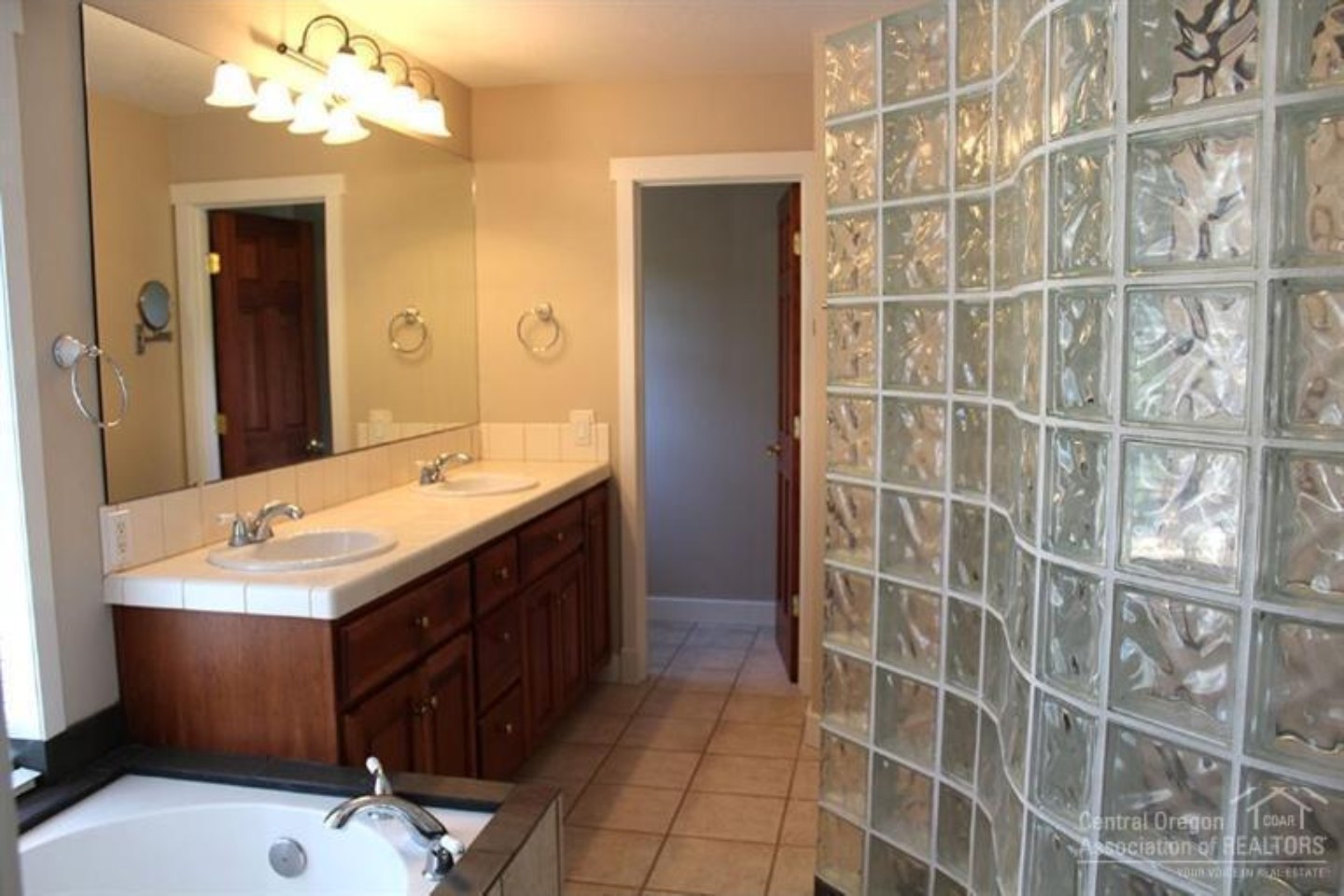 Primary bathroom with glass block shower, Fairway Hghts, Central Oregon