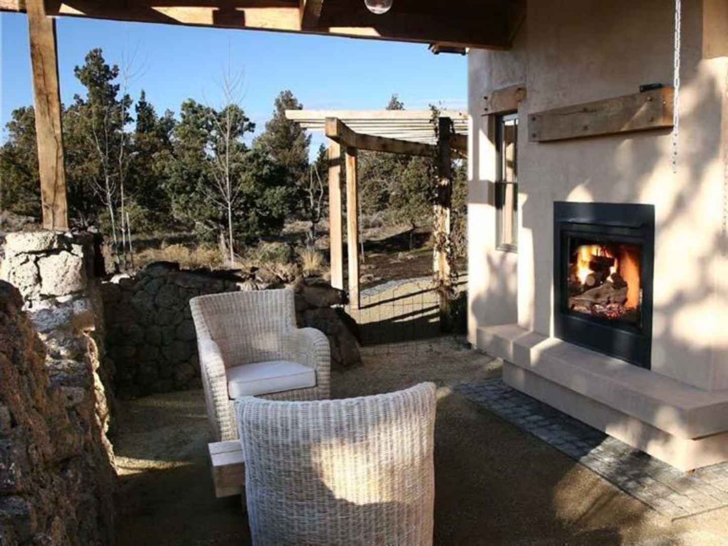 Covered outdoor living space with fireplace, Sage Canyon, Pronghorn, Bend, Oregon