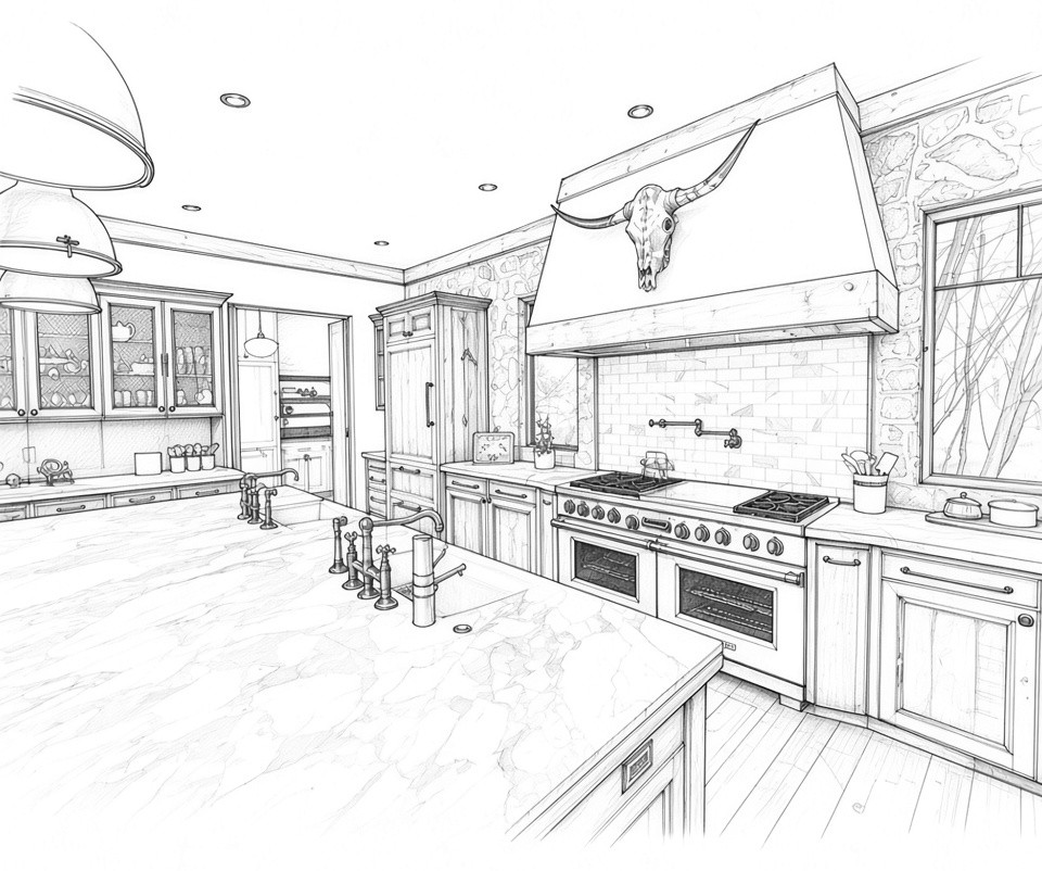 Pencil line drawing of a kitchen remodel, design stage